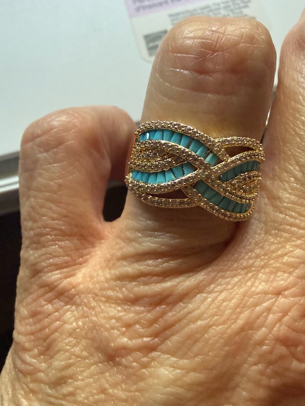 bp Gold & Turquoise magnesite with diamond cubic zirconia Twisted Wave Ring